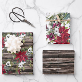 ウッドレッド素朴ポインセティアス松の針クリスマス ラッピングペーパーシート