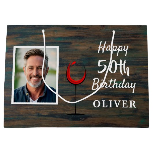 ウッドレッド素朴ワイングラス50th誕生日写真 ラージペーパーバッグ (正面)