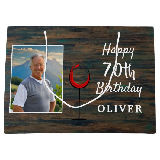 ウッドレッド素朴ワイングラス70誕生日写真 ラージペーパーバッグ (正面)