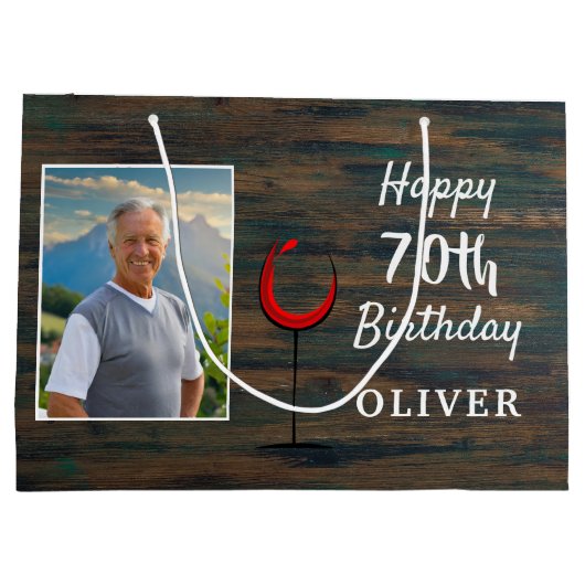 ウッドレッド素朴ワイングラス70誕生日写真 ラージペーパーバッグ (裏面)