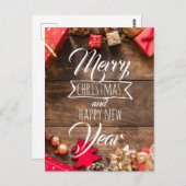 ウッドレッド素朴金ゴールドホワイトタイポグラフィクリスマス ポストカード (正面/裏面)