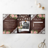 ウッドレースほこりっぽいピンクのローズストリングラ結婚イト 三つ折り招待状 (内部)