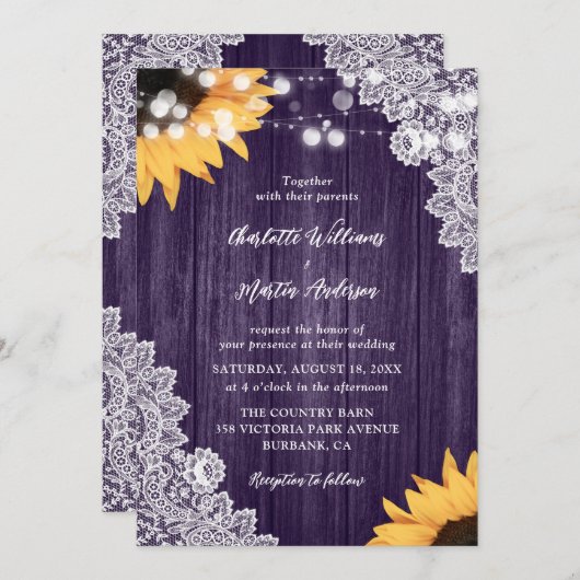 ウッドレースサンフラワーパープル結婚式招待状 招待状 (正面/裏面)