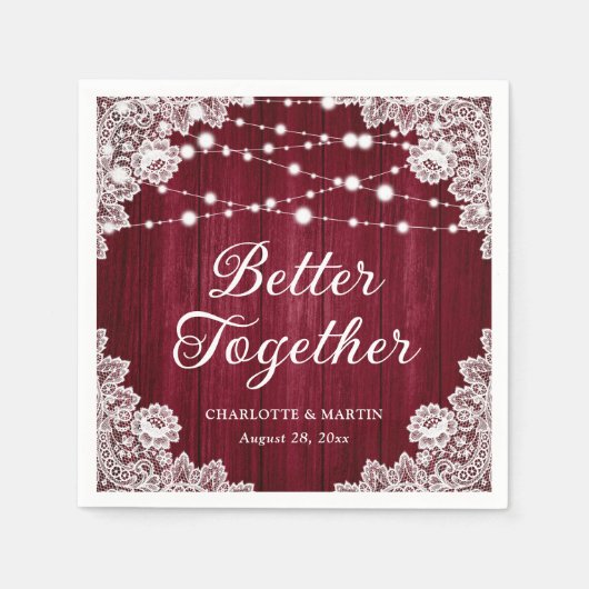 ウッドレース素朴ストリングライツブルゴーニュ結婚ズ スタンダードカクテルナプキン (正面)