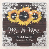 ウッドレース素朴ストリングライトサンフラワー結婚ズ ガラスコースター (正面)