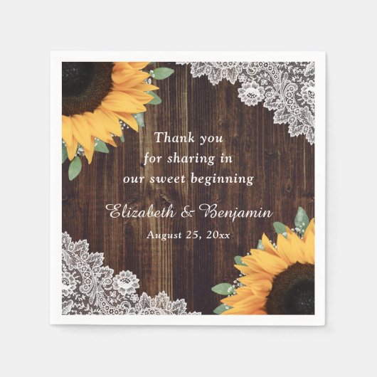 ウッドレース素朴ストリングライトサンフラワー結婚ズ スタンダードカクテルナプキン (正面)