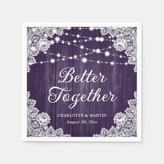 ウッドレース素朴ストリングライトパープル結婚ズ スタンダードカクテルナプキン (正面)