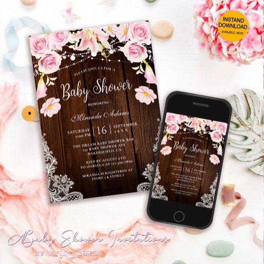 ウッドレース素朴ストリングライトフローラベビーシャワー 招待状