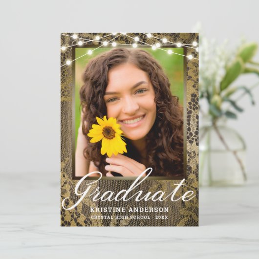 ウッドレース素朴ストリングライト写真卒業 案内状 (スタンド正面)