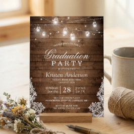 ウッドレース素朴ストリングライト卒業パーティー 招待状