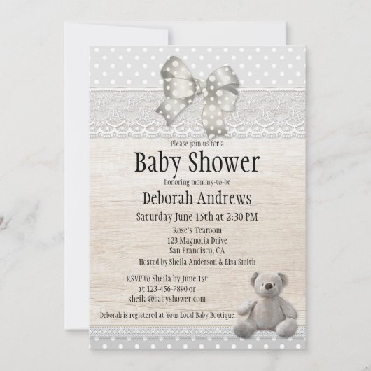 ウッドレース素朴テディベア赤ちゃんシャワー招待状 招待状 (正面)