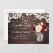 ウッドレース素朴バーガンディ・メイソン・ジャー日付を保存 案内ポストカード (正面/裏面)