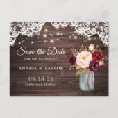 ウッドレース素朴バーガンディ・メイソン・ジャー日付を保存 案内ポストカード (正面)