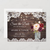 ウッドレース素朴バーガンディ・メイソン・ジャー日付を保存 案内ポストカード (正面/裏面)