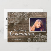 ウッドレース素朴ファーストコミューニオンフォト招待状 インビテーションポストカード (正面/裏面)