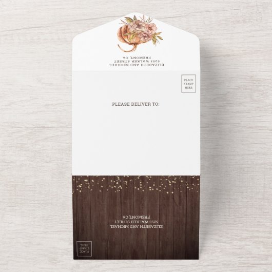 ウッドレース素朴ボホパンプキンオータム秋の結婚式 オールインワン招待状 (外側)