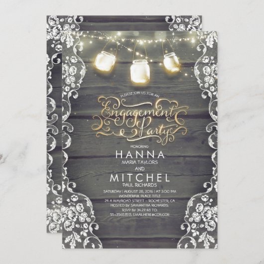 ウッドレース素朴メイスンジャールライト婚約パーティ 招待状 (正面/裏面)