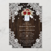 ウッドレース素朴レッドローズベビーの息の結婚間 招待状 (正面/裏面)