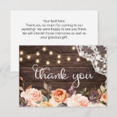 ウッドレース、ストリングライト、赤面&ピーチフローラ サンキューカード (正面/裏面)