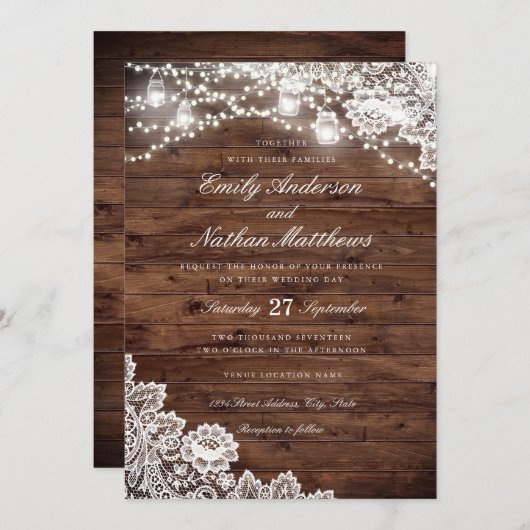 ウッドレ素朴ースのメイスンジャーのストリングラ結婚イト 招待状 (正面/裏面)