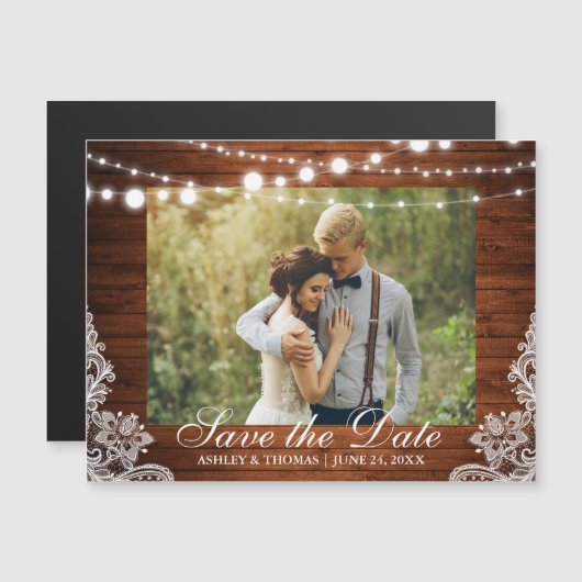 ウッドレ素朴ースのライト日付の保存婚約 マグネット招待状 (正面/裏面)