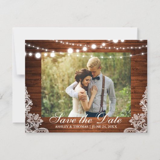 ウッドレ素朴ースのライト日付の保存婚約 マグネット招待状 (正面)