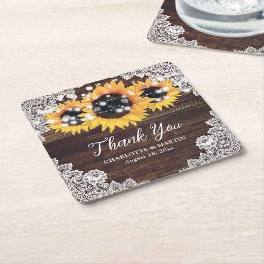 ウッドレ素朴ースひまわり結婚の花 スクエアペーパーコースター (アングル)