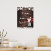 ウッドレ素朴ースフローラ結婚赤面のウェルカムサイン ポスター (キッチン)