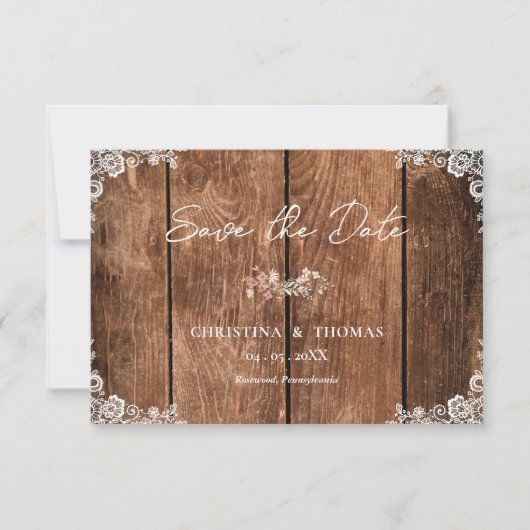 ウッドレ素朴ース国の結婚式の日付を保存 セーブザデート (正面)
