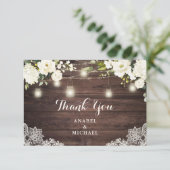 ウッドレ素朴ース白いフラワーストリングライト結婚ズ サンキューカード (スタンド正面)