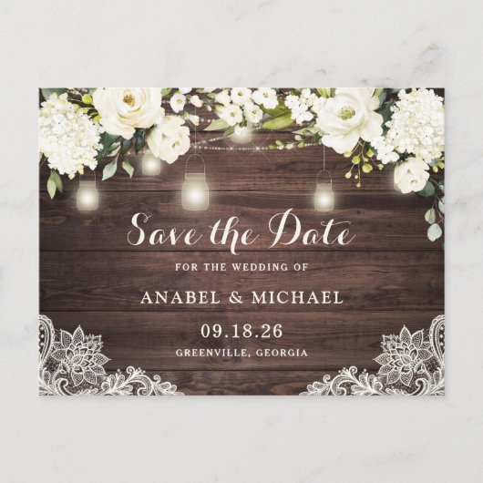 ウッドレ素朴ース白い花の日付を保存 案内ポストカード (正面)