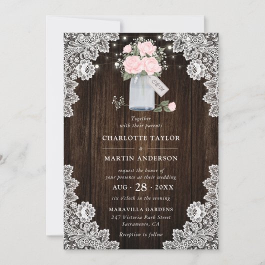 ウッドレ素朴ース赤面バラベビーズブレスズ結婚ーズ 招待状 (正面)