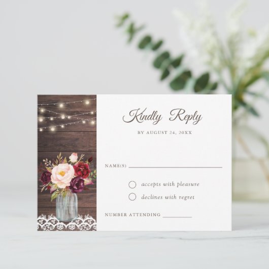 ウッドレ素朴ース赤面ブルガンディメイソンジャールRSVP 招待状 (スタンド正面)