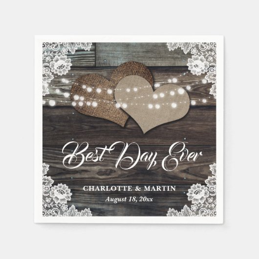 ウッドレ素朴ース2バーラップハートズ結婚 スタンダードカクテルナプキン (正面)