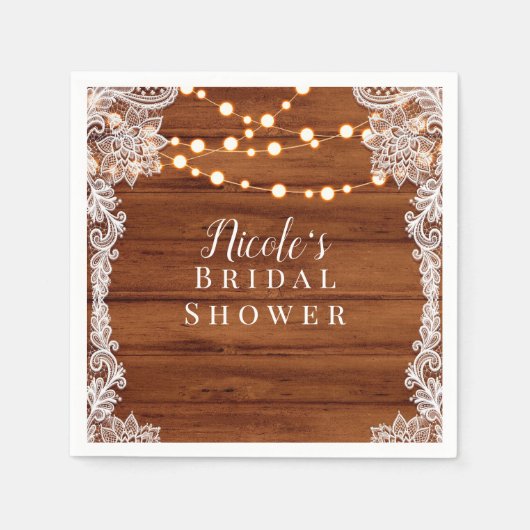 ウッドレ素朴ース&ストリングライト結婚ズブライダル スタンダードカクテルナプキン (正面)