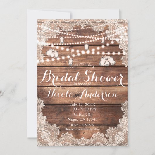 ウッドロマン素朴ティックレースメイソンジャースブライダルシャワー 招待状 (正面)