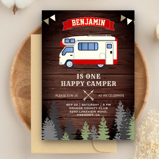 ウッドワン素朴ハッピーキャンパー1st誕生日パーティー 招待状