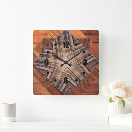 ウッド万華鏡のように千変万化するパターンデザインスクエアウォールクロック スクエア壁時計 (ホーム)