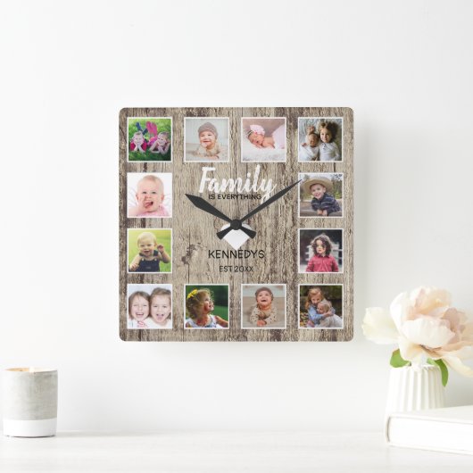 ウッド動揺して12フォトコラージュファミリー引用文 スクエア壁時計 (ホーム)