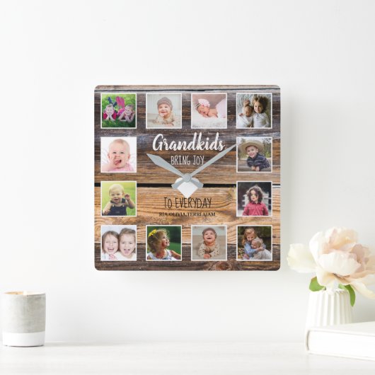 ウッド動揺して 12フォトコラージュ孫引用文  スクエア壁時計 (ホーム)