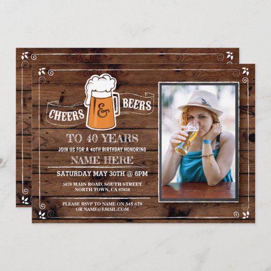 ウッド応援&ビール誕生日パーティフォト招待状。 招待状 (正面/裏面)