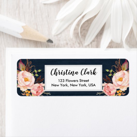 ウッド牡丹フローラネイビーパーソナライズされたカスタムアドレス ラベル (インサイチュ)