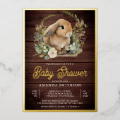 ウッド素朴かわいいバニーフローラベビーシャワー金ゴールド 箔招待状 (正面)