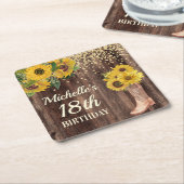 ウッド素朴ひまわりカウボーイブーツ18誕生日 スクエアペーパーコースター (アングル)
