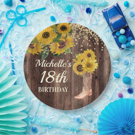 ウッド素朴ひまわりカウボーイブーツ18誕生日 ペーパープレート (パーティー)
