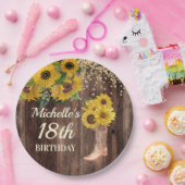 ウッド素朴ひまわりカウボーイブーツ18誕生日 ペーパープレート (パーティー)