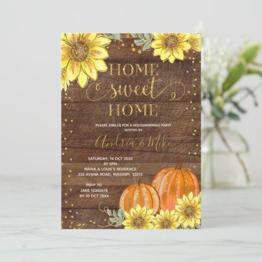 ウッド素朴ひまわりカボチャ引っ越し祝いパーティーパーティー 招待状 (スタンド正面)