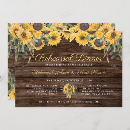 ウッド素朴ひまわりカントリーリハーサルディナー 招待状 (正面/裏面)