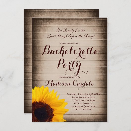 ウッド素朴ひまわりバチェロレッテ招待状 招待状 (正面/裏面)