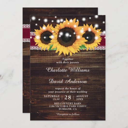 ウッド素朴ひまわりバーガンディ結婚式招待状 招待状 (正面/裏面)